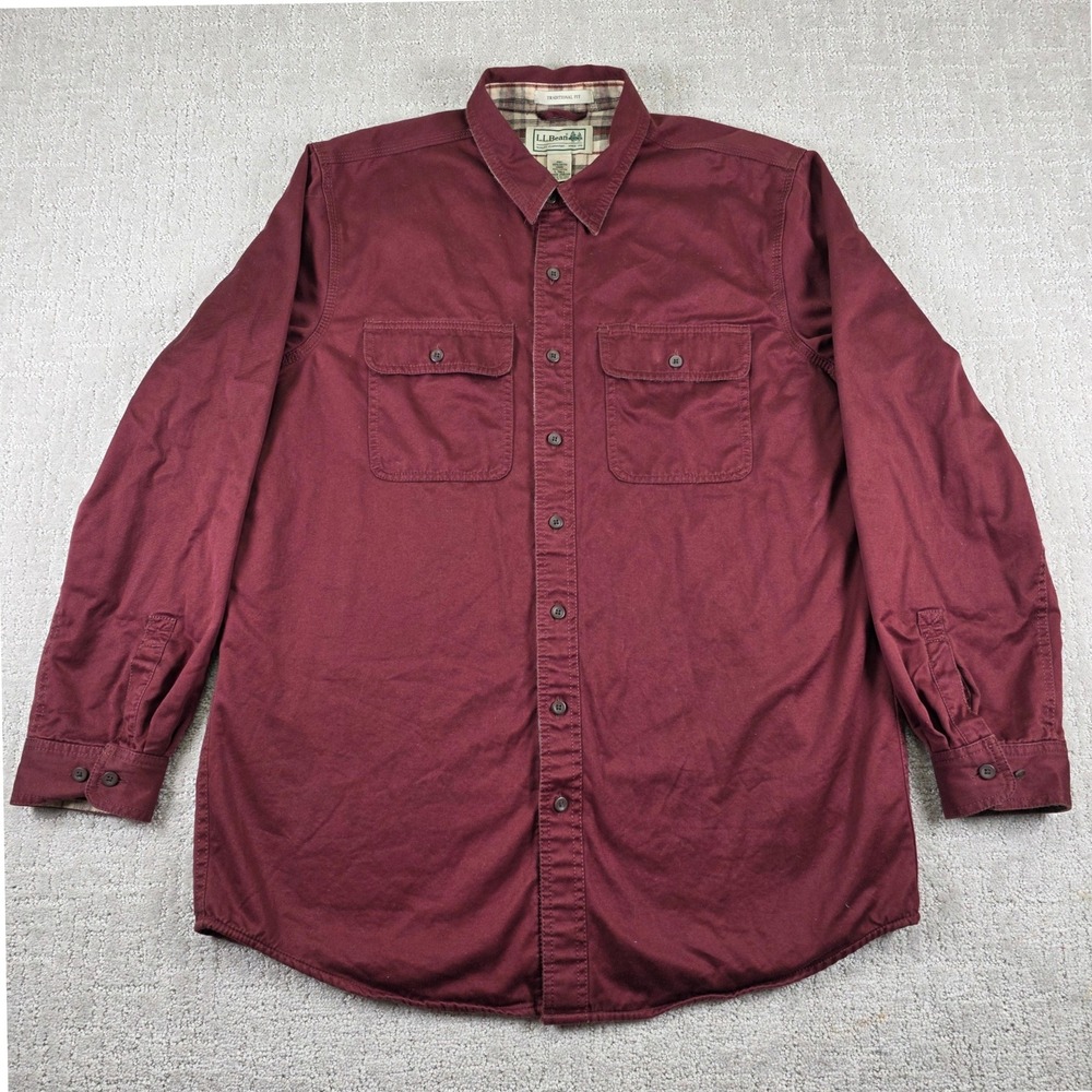 LL Bean Flannel Lined Shirt Jacket Mens Large Tall Burgundy Cotton Twill Pockets